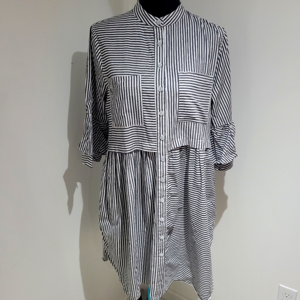 Gabby Isabella Women's 100% Cotton Striped Shirt Dress Pockets Small Gray White